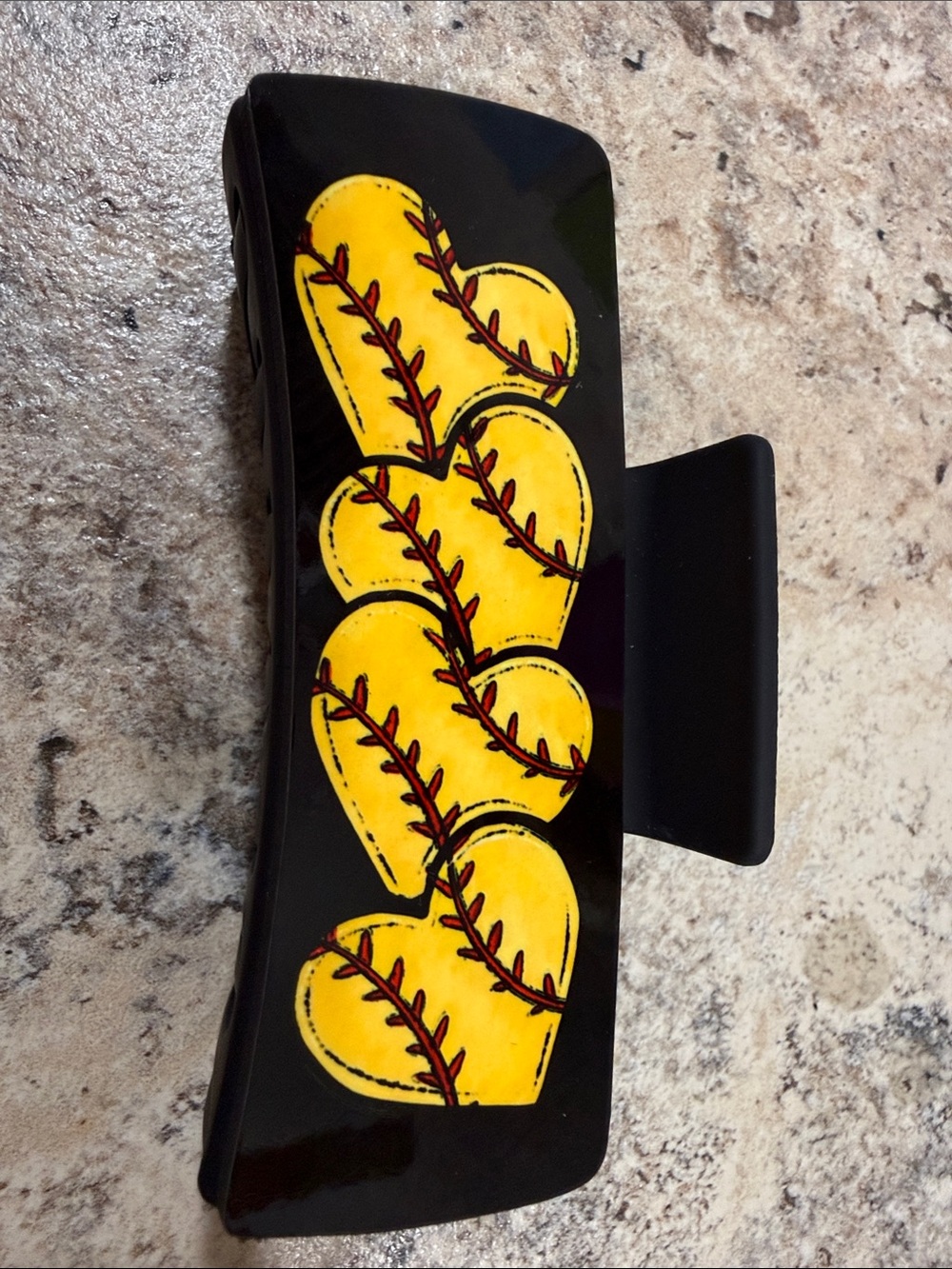 Hand Crafted Black Hair Clip with Yellow Softball Heart Design